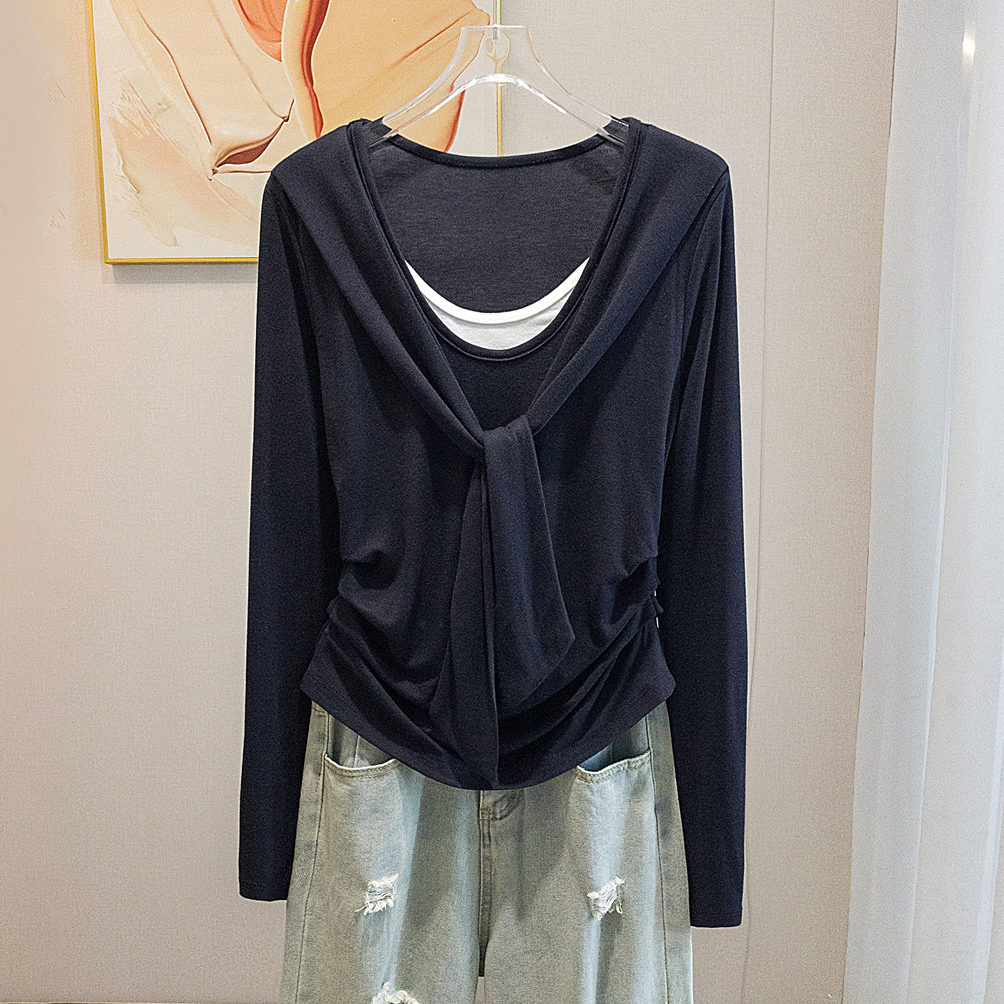 yoewshean/羽媗秋冬季假两件披肩长袖T恤大码女装微胖mm内搭上衣