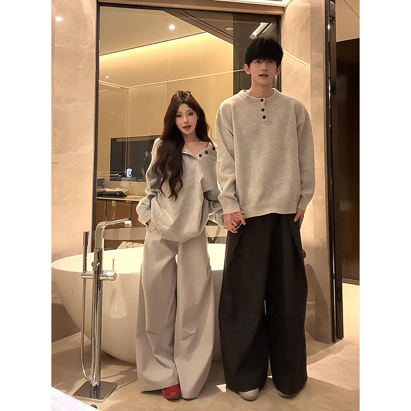 灰色亨利领情侣毛衣男款慵懒高级感cleanfit针织衫秋季设计感上衣