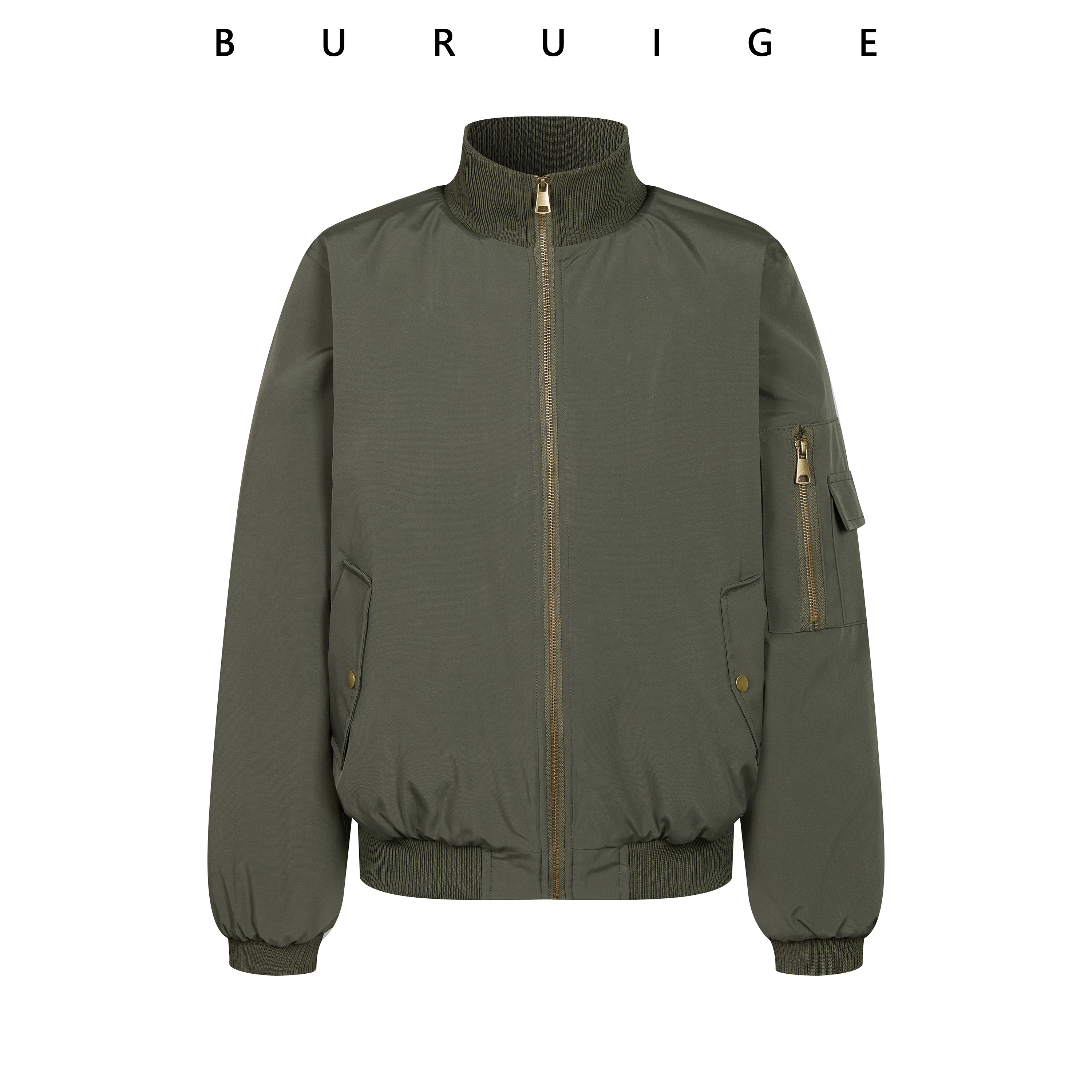 BURUIGEbomber军绿色棉服秋冬季高领加厚外套复古拉链保暖立领