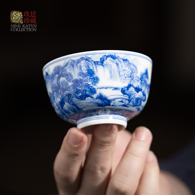 玖廷景德镇手工陶瓷茶杯手绘青花山水内绘主人杯单杯高档功夫茶具