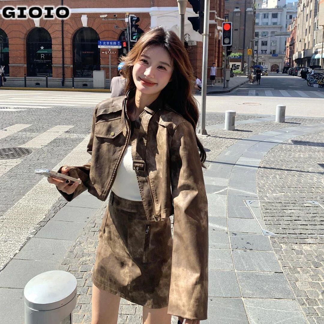 GIOIO美拉德棕色皮衣外套短裙套装女春秋2025新款又a又飒半身裙两
