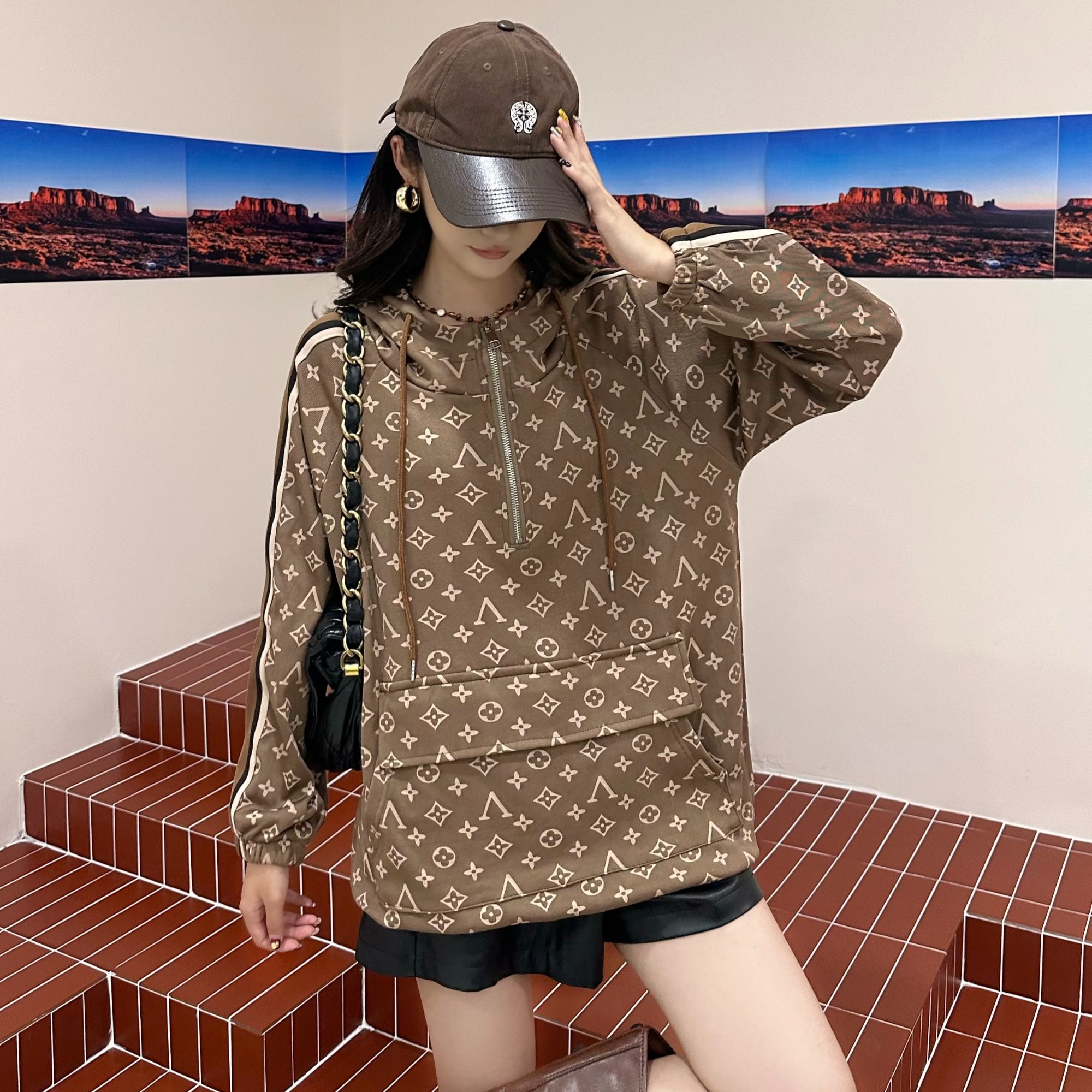 秋冬薄款中长款拉链套头长袖卫衣上衣宽大码字母宽松休闲上衣1009