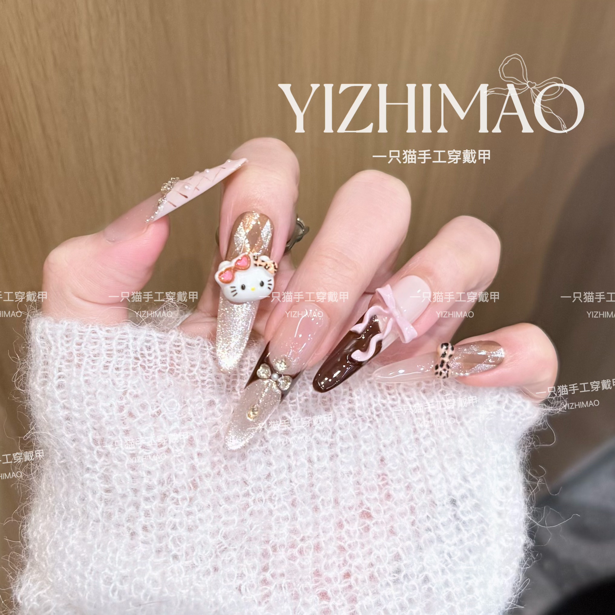 【萝莉kitty】甜欲爆闪格纹猫眼蝴蝶结卡通猫猫美甲手工穿戴甲