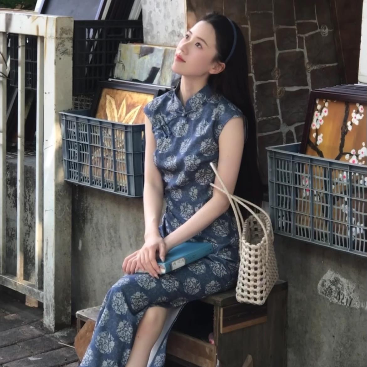 蓝荷藏青竹节麻改良旗袍气质素雅小个子显瘦显白夏季透气舒适薄款