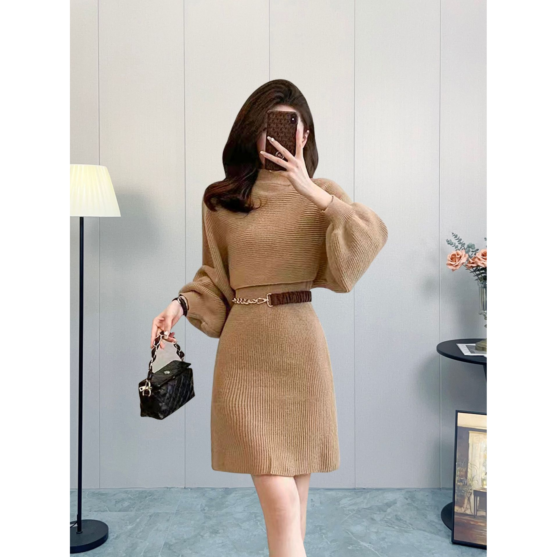 2025时尚设计感秋冬针织连衣裙两件套法式气质百搭显瘦毛衣裙套装