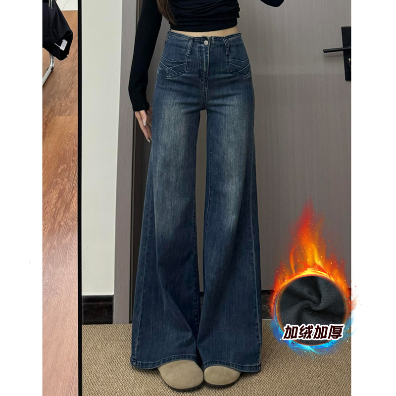 无腰头设计不贴腿喇叭牛仔裤女秋冬爆款高腰显瘦加绒阔腿马蹄裤子
