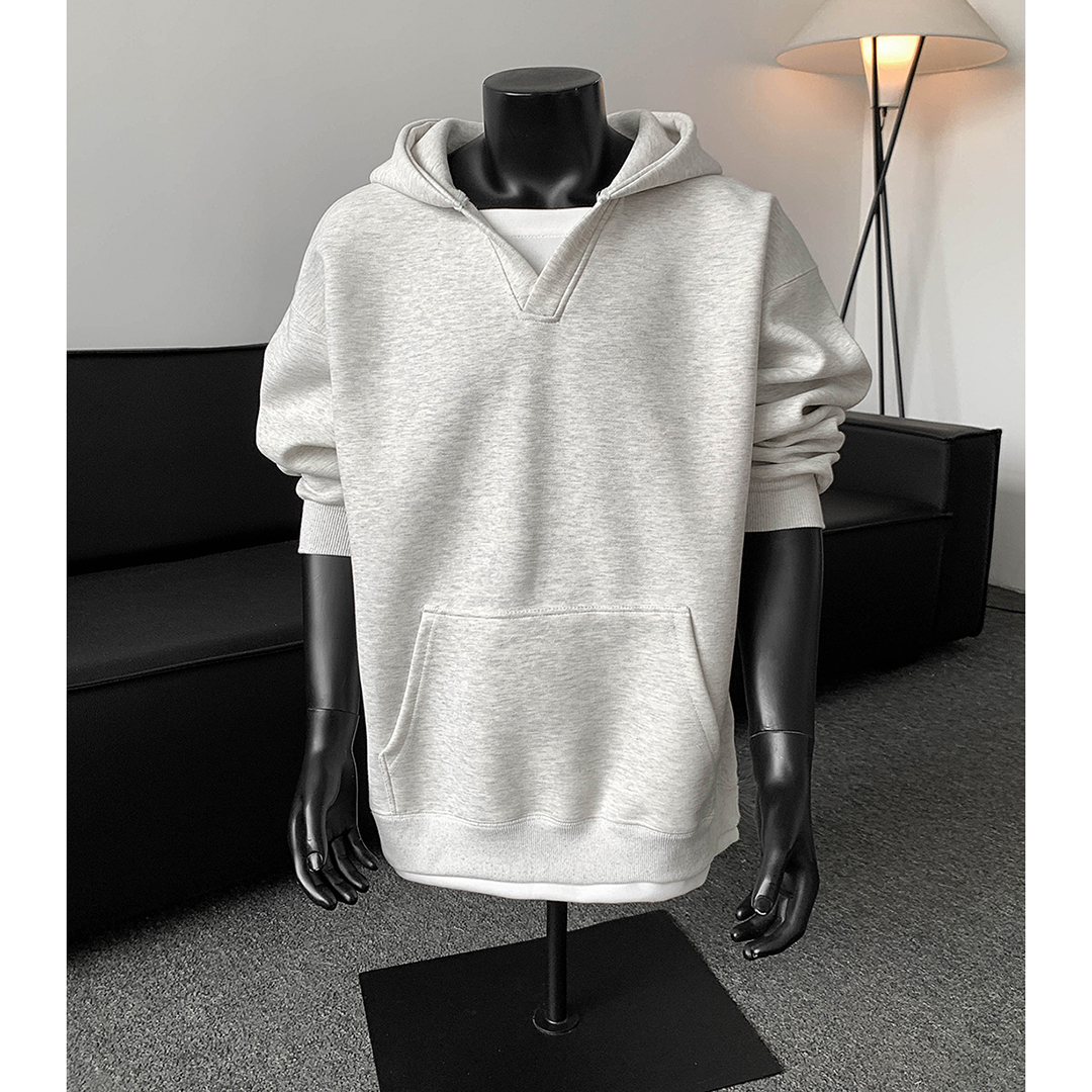 假两件拼接V领重磅连帽纯色卫衣男高级感潮牌ins休闲长袖上衣外套