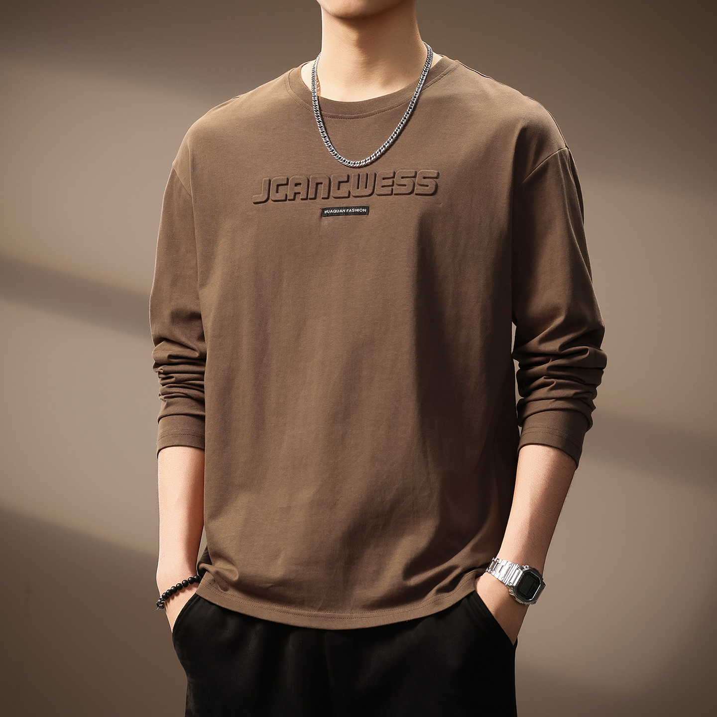 高端潮牌立体字母压花长袖T恤男秋季新款纯棉简约宽松落肩袖上衣