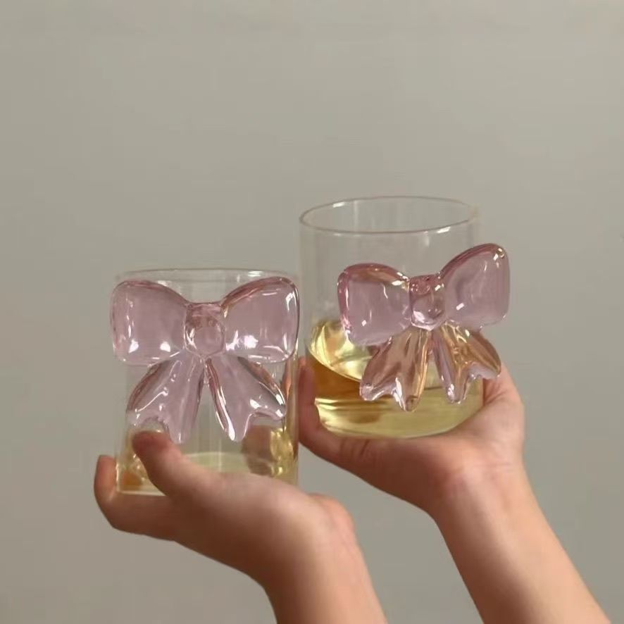 ins蝴蝶结透明爱心韩风少女小众简约浪漫立体玻璃杯