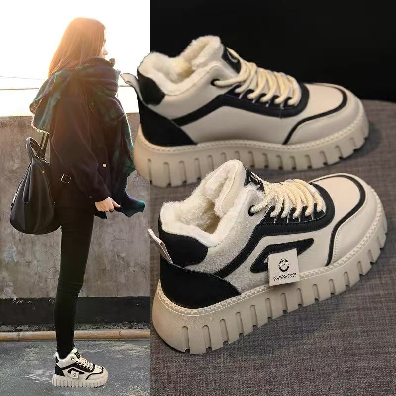 2025秋冬季新款厚底松糕加绒高帮鞋女时尚韩版百搭女鞋网红休闲鞋