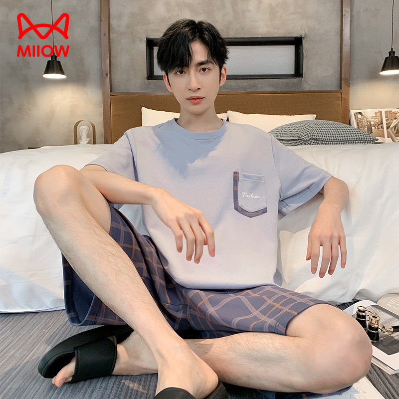 猫人尤莱特男款睡衣男士夏裤季纯棉短袖短夏天薄款高档家居服套装