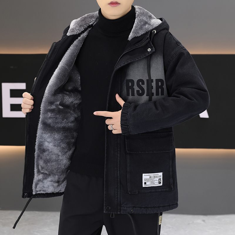 中长款棉衣外套男秋冬季加绒加厚夹克青少年休闲连帽牛仔上衣棉服