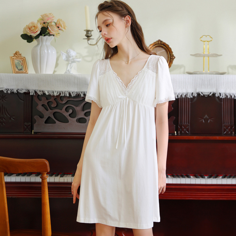 法式短袖睡裙女款2025新款夏季宫廷风v领蕾丝白色甜美公主睡衣裙
