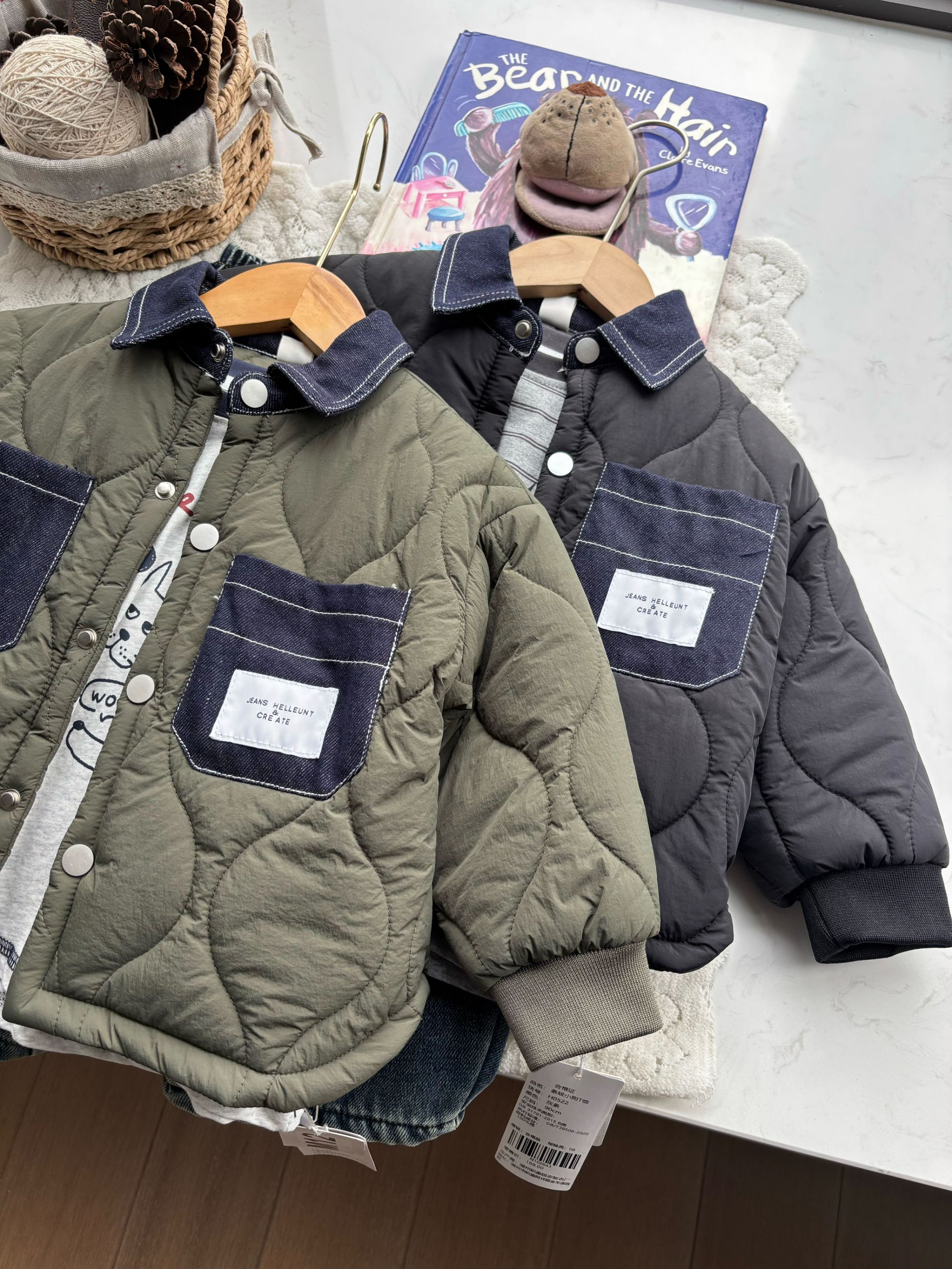 M102儿童牛仔翻领棉服韩版棉袄保暖方领拼色加厚男童时尚外套潮