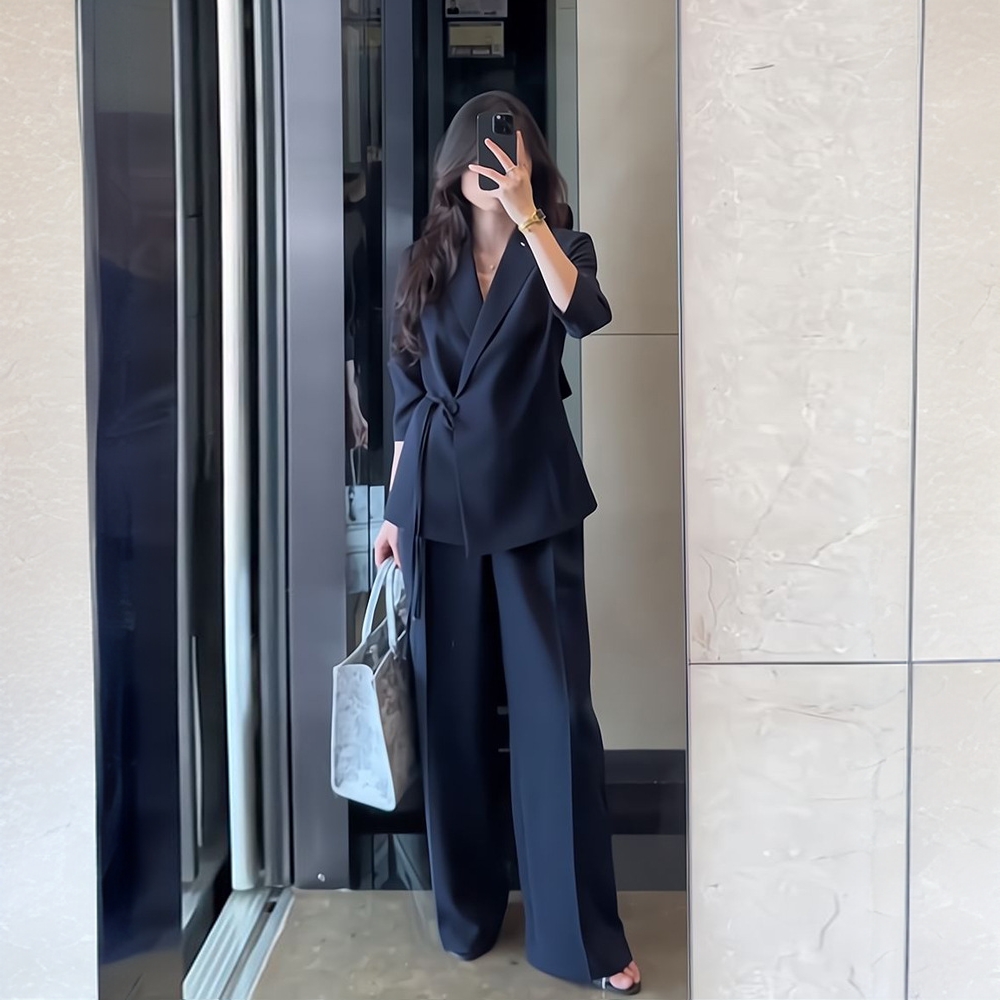 大码女装西装阔腿裤套装2025秋装胖mm职业干练系带西服西裤两件套