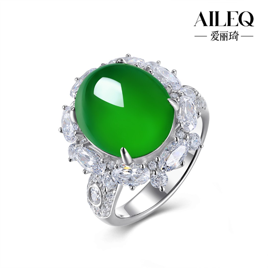 AILEQ925银天然玉髓满绿霓环舞欧若风戒指气质时尚品质珠宝直播女