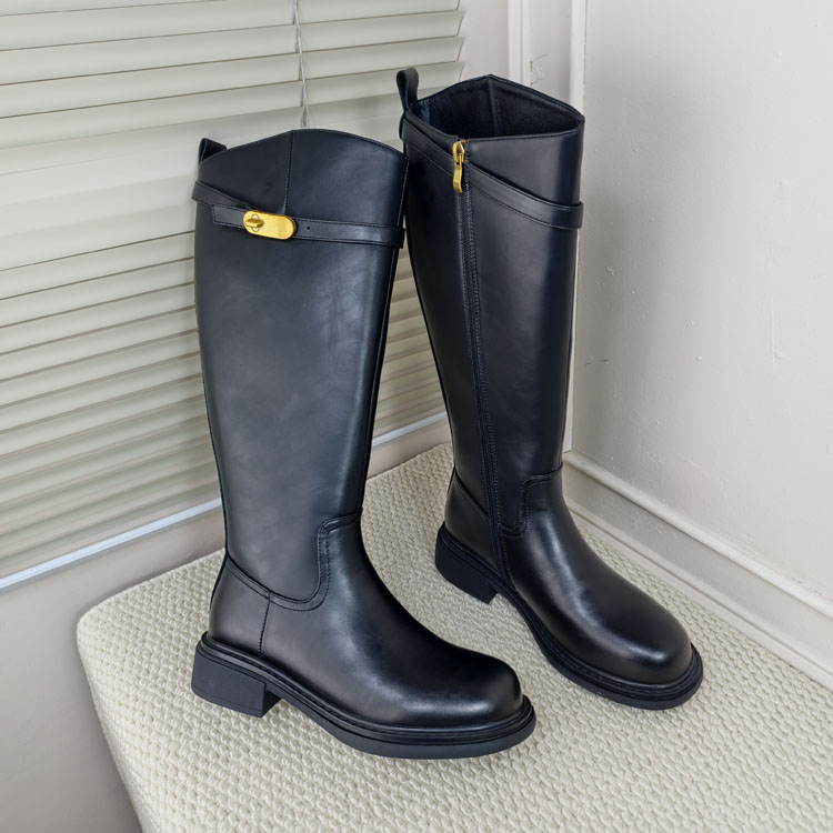 2025粗跟大码大筒围金属扣黑色时尚百搭时装靴加绒长筒冬季骑士靴