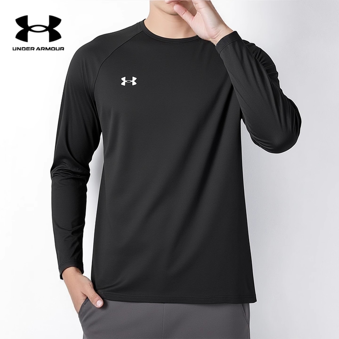 安德玛长袖男t恤春秋圆领套头健身跑步速干弹力打底休闲运动上衣