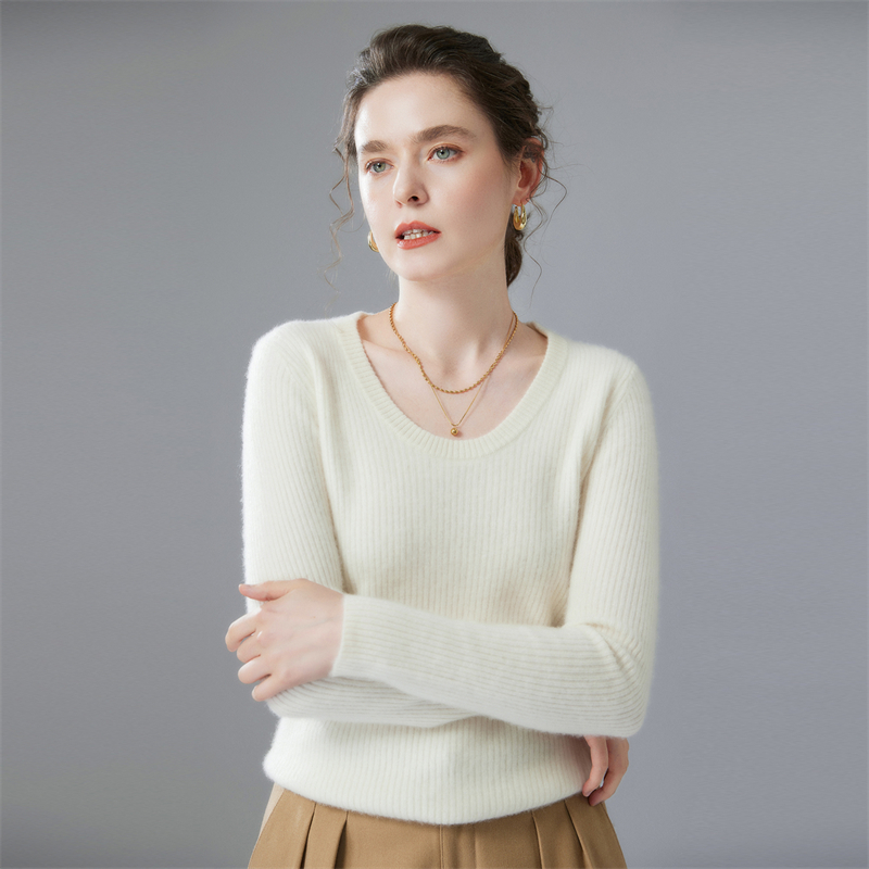 坑条U领修身百搭山羊绒打底衫针织衫显瘦毛衣