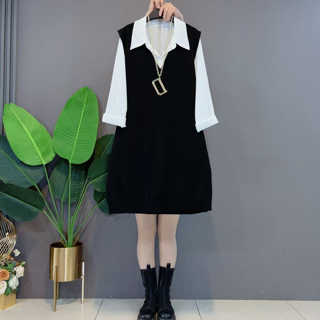 大码连衣裙秋季新款欧货胖妹妹遮肚中长款针织马甲加衬衫两件套