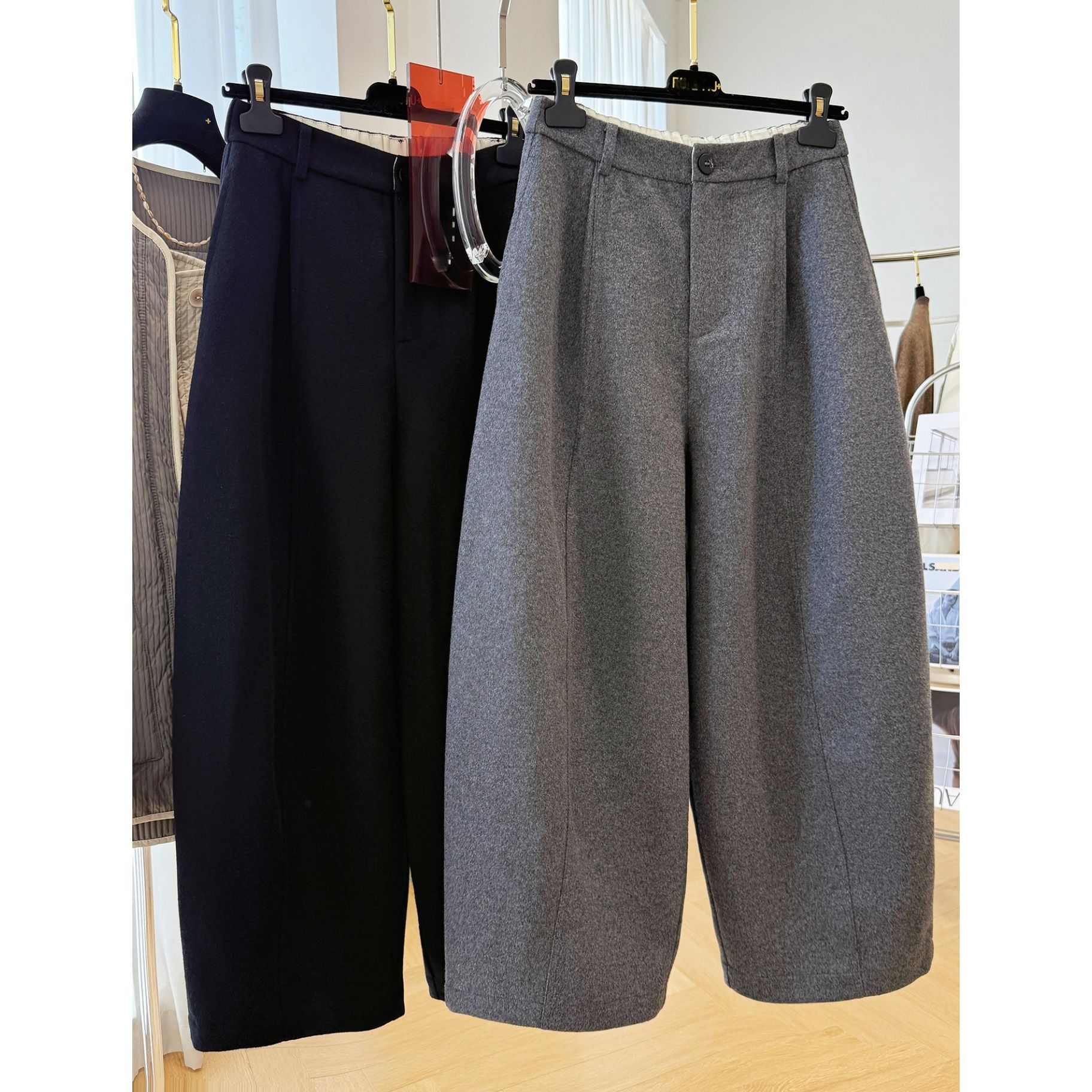 韩系百搭九分毛呢休闲裤2025秋冬新款梨形身材显瘦宽松阔腿奶奶裤