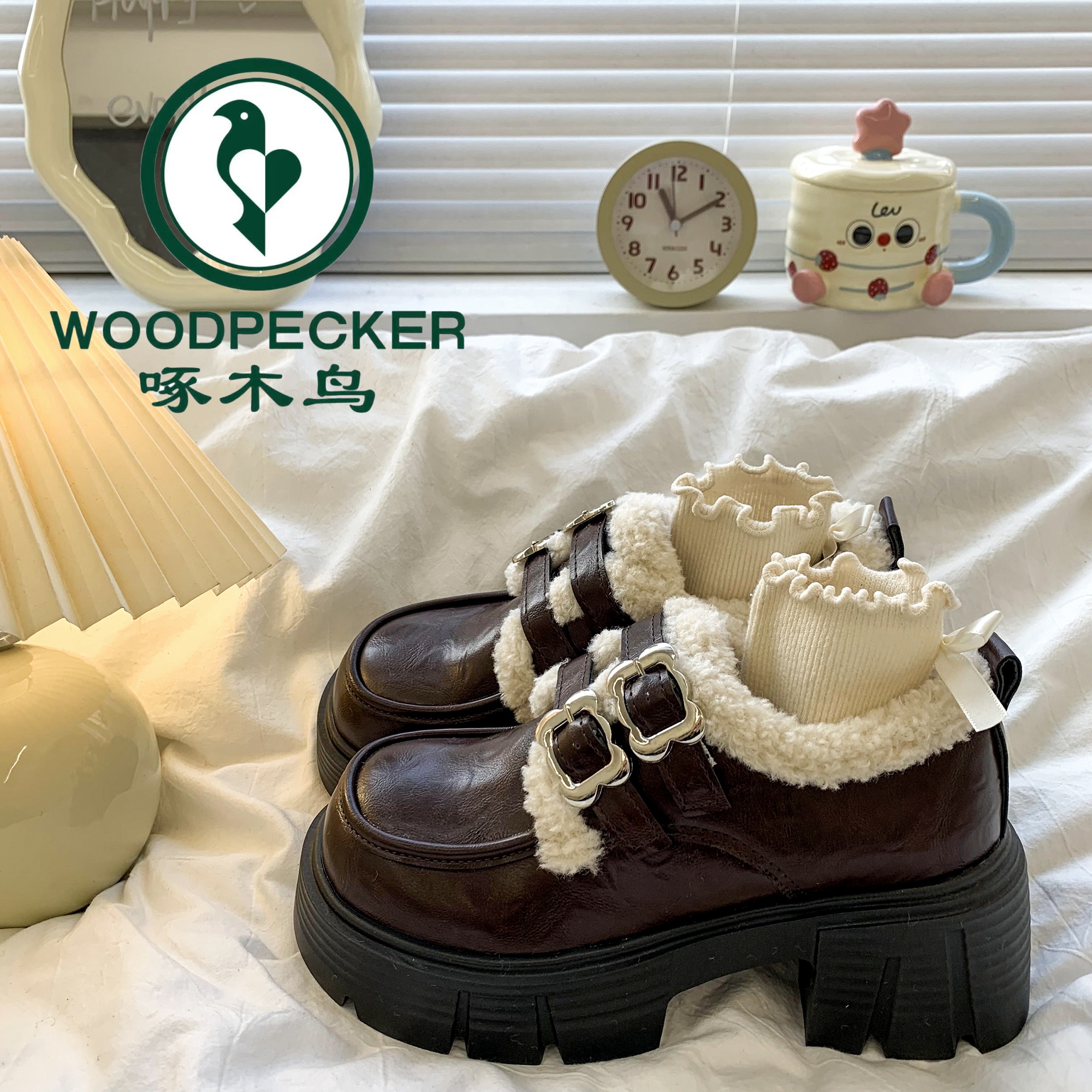 啄木鸟英伦风加绒乐福棉鞋女2025秋冬季新款厚底粗跟复古玛丽珍鞋