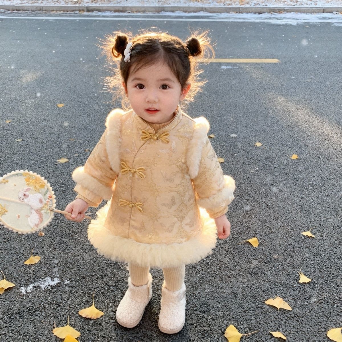 女童加绒中式连衣裙唐装新款国风儿童加厚拜年服宝宝汉服周岁洋气