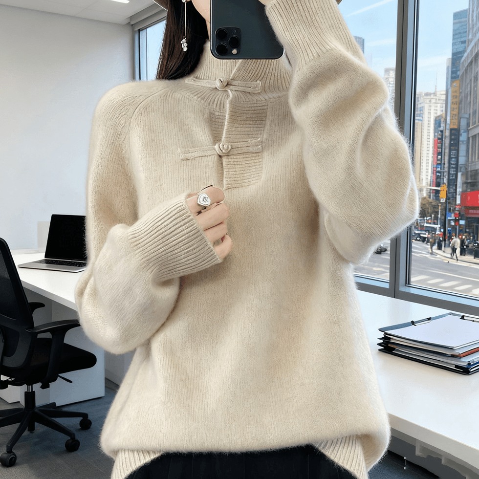 宽松秋冬立领纯羊绒衫中式女士100%鄂尔多斯市针织衫打底盘扣毛衣