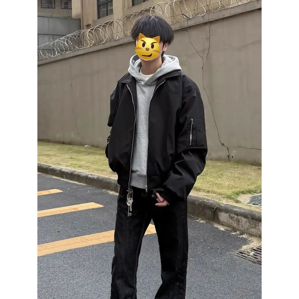 黑色bomber美式飞行夹克男秋季高级感痞帅翻领外套短款廓形棒球服