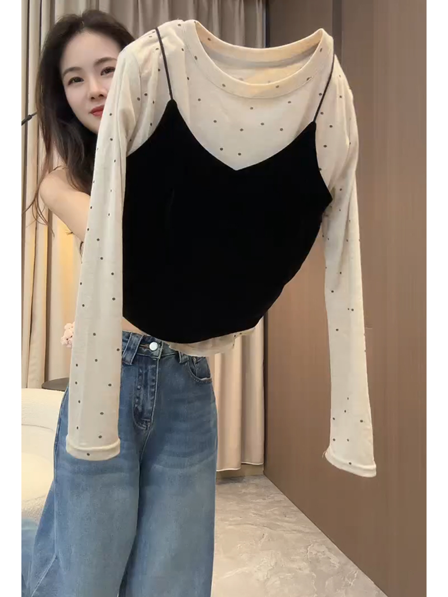 韩系波点内搭打底衫女2025秋季洋气v领丝绒吊带上衣长袖T恤两件套