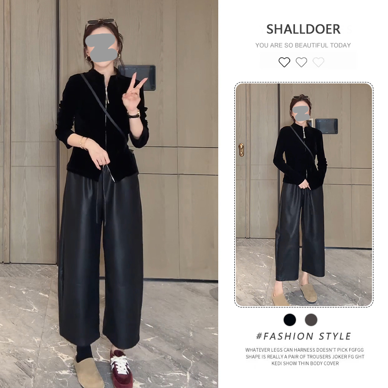 小众炸街高级感套装女2025春秋新款丝绒卫衣外套皮裤阔腿裤两件套