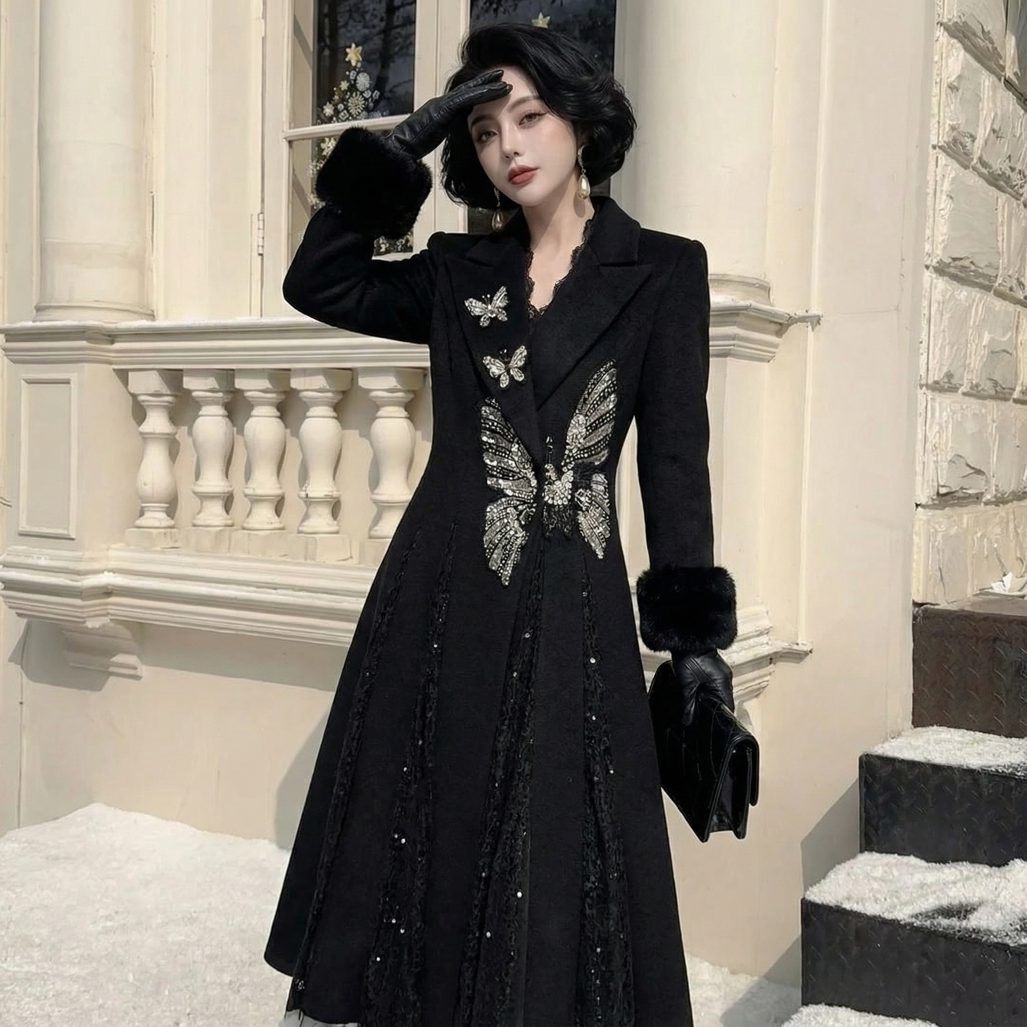 【芙娜妮】秋冬2025中长款小个子西装领蝴蝶长袖外套女装FG2531184A
