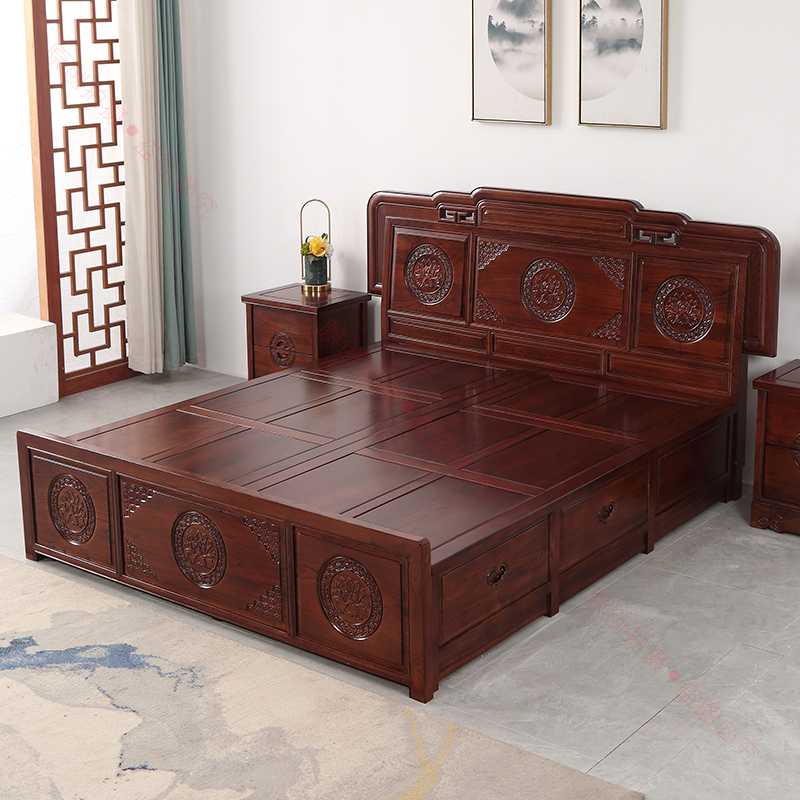 北方老榆木实木隼卯结构双人床大储物空间带抽屉雕花明清古典