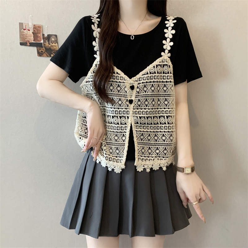 波西米亚风马甲叠穿正肩短袖T恤女2025夏新款大码胖mm假两件上衣