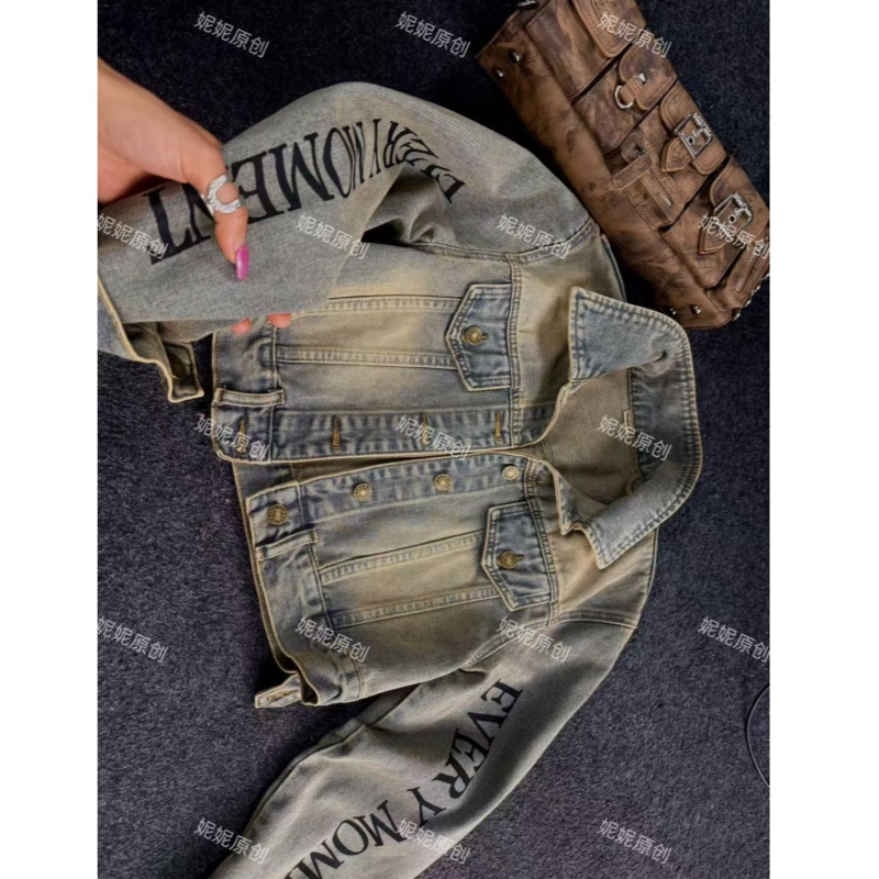 美式复古印花牛仔外套女春秋季薄荷曼波重工宽松显瘦夹克8703