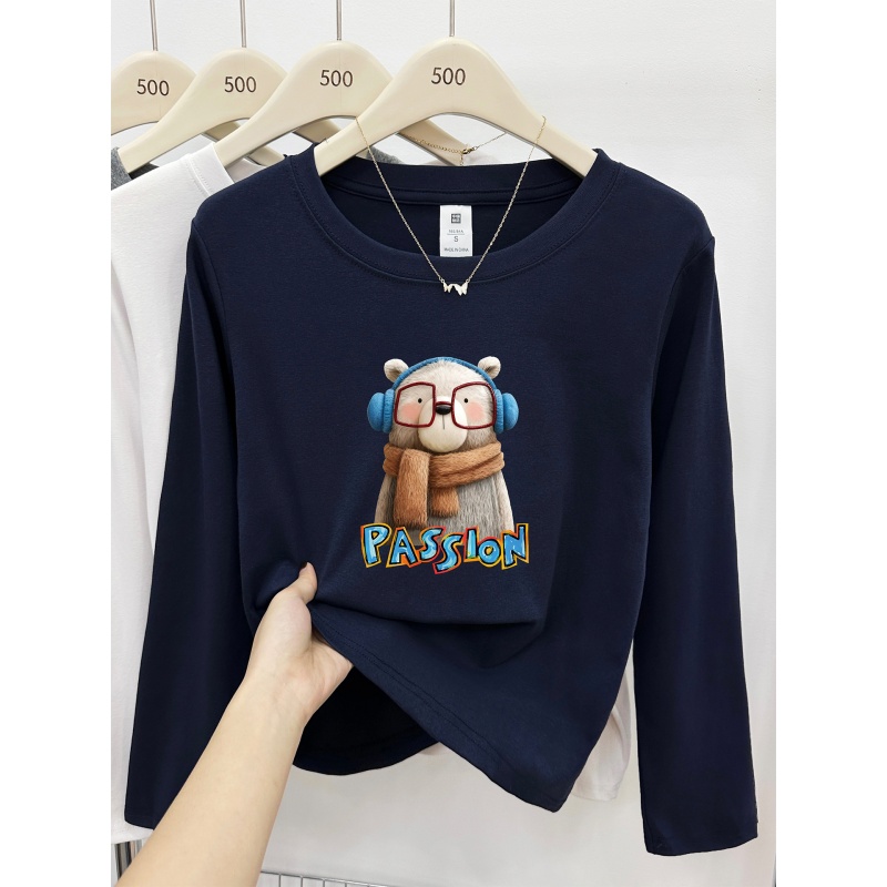 大码正肩长袖t恤女秋冬季微胖mm显瘦韩版卡通印花圆领打底衫上衣