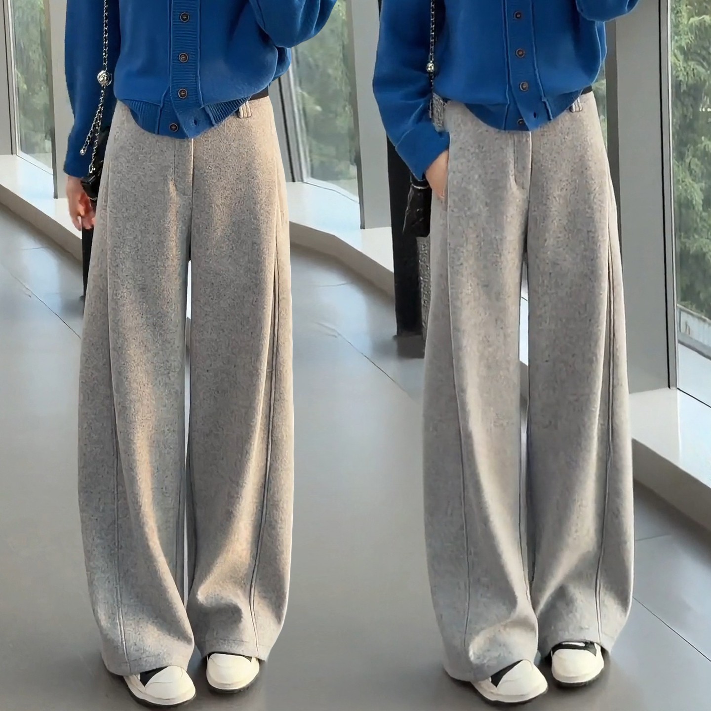 依梅儿迷雾灰羊毛呢阔腿裤女秋冬季裤子2025新款加绒加厚休闲慵懒