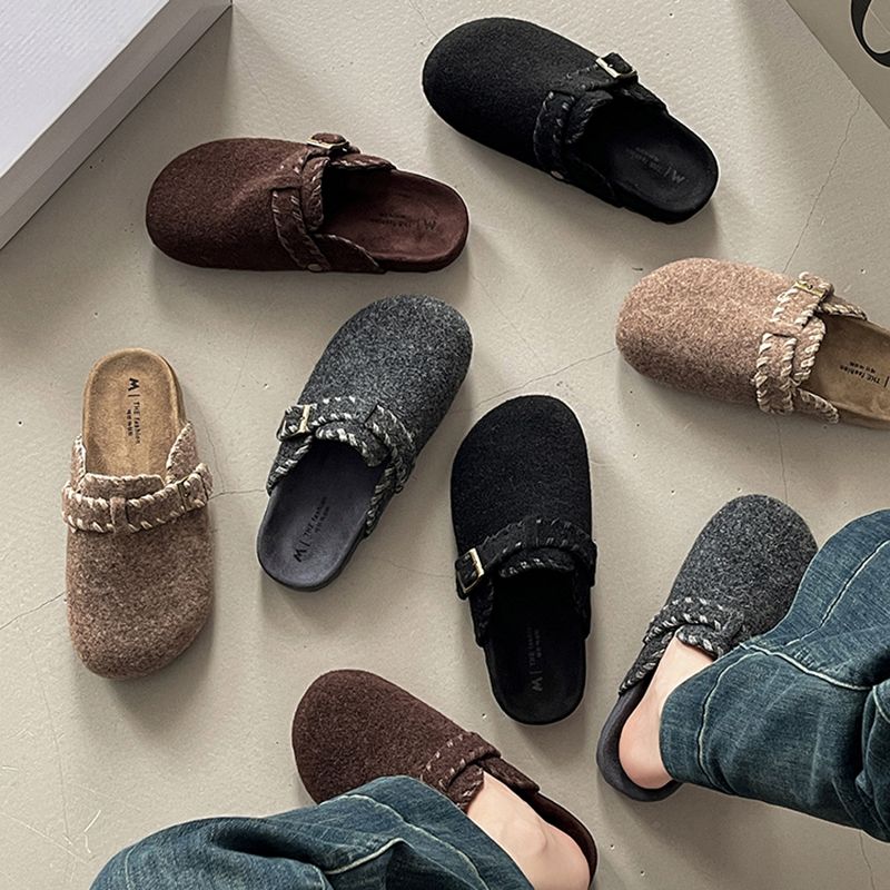 复古简约编织花边绒面做旧拖鞋女2025秋季新款外穿勃肯拖鞋包头拖