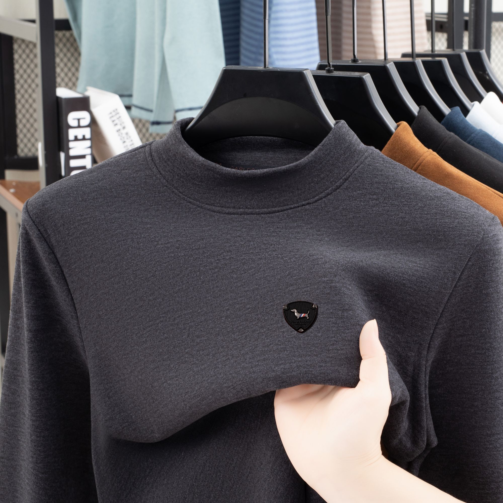 石墨烯羊毛半高领T桖秋冬季加厚宽松磨毛男士保暖上衣长袖打底衫