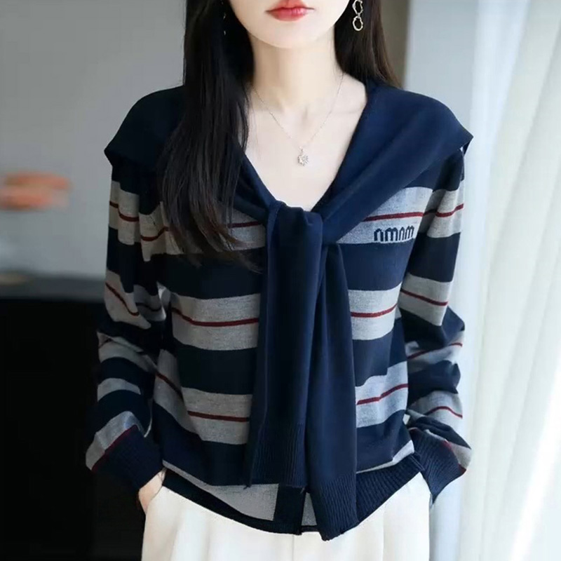 法式撞色条纹假两件披肩针织开衫女短外套毛衣2025宽松设计感上衣