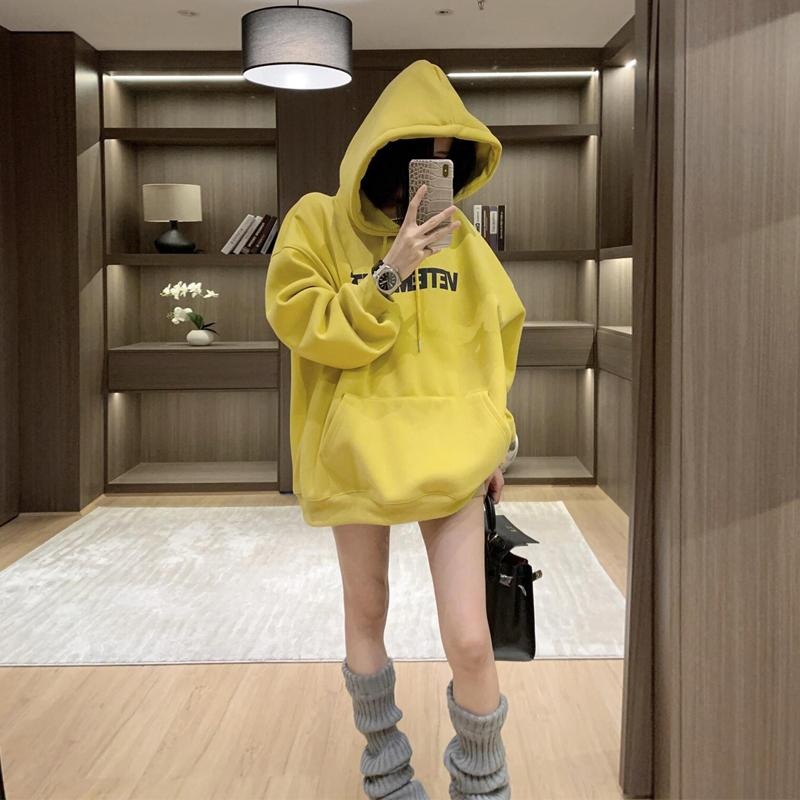 欧货大版黄色加绒加厚连帽卫衣女秋冬宽松慵懒风中长款长袖外套潮