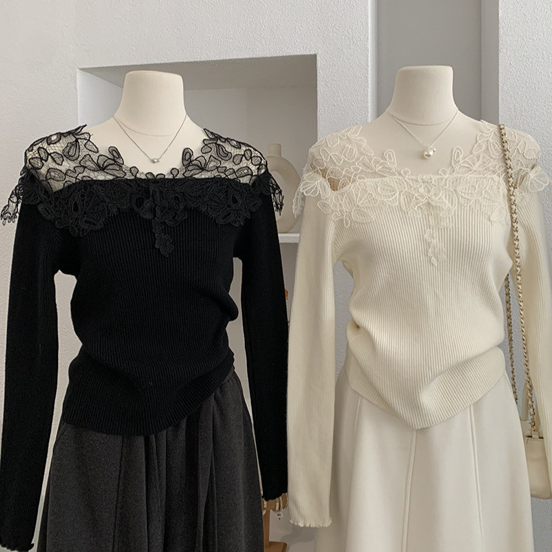 镂空蕾丝拼接V领针织衫女2025秋冬新款内搭打底衫毛衣
