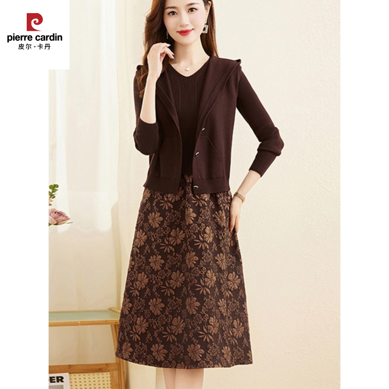 皮尔卡丹2025新款秋冬连衣裙女两件套女装针织气质宽松洋气裙子宽