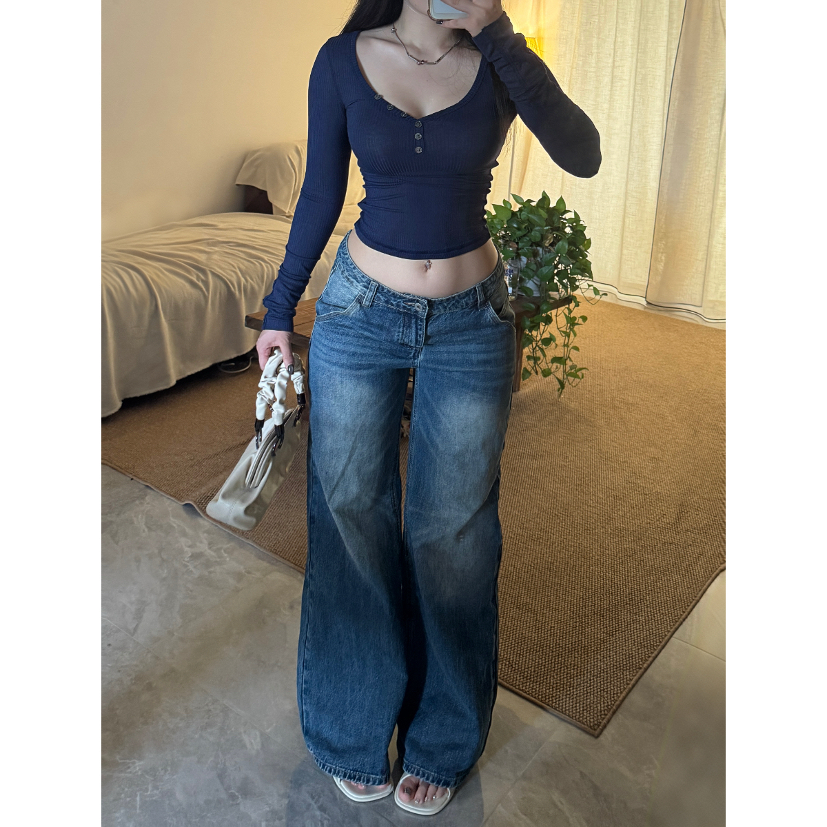 FBLin1美式复古低腰直筒牛仔裤女水洗宽松显瘦百搭辣妹拖地长裤子