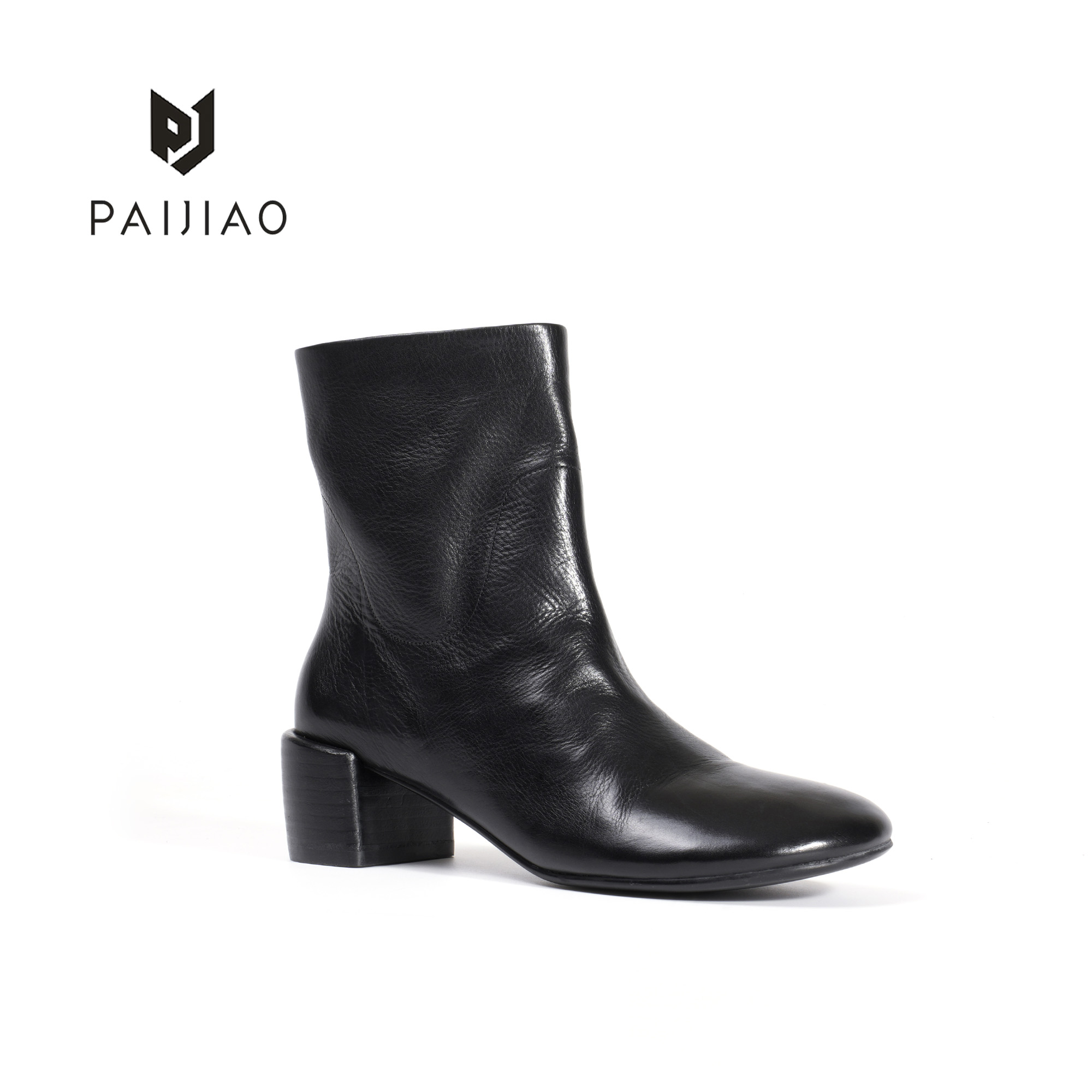 法式高端设计水洗马皮手工粗跟侧拉链芒果头极简排角女短靴XH-004