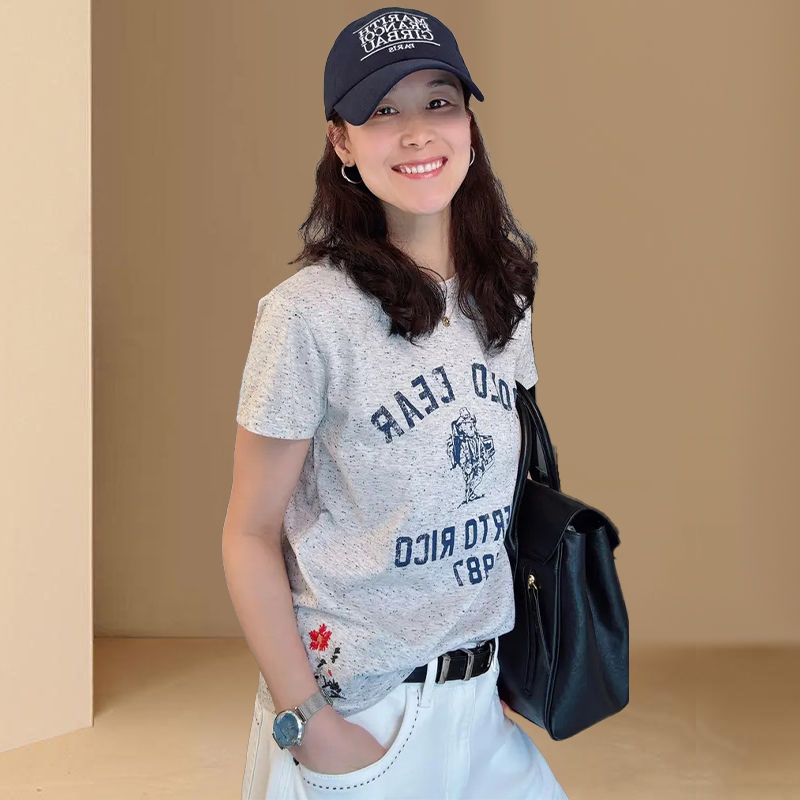 高含棉美式复古字母印花短袖t恤女2025夏季新款休闲百搭刺绣上衣