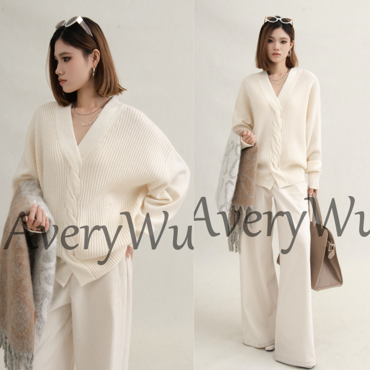 老吴衣橱气质V领毛衣女秋冬麻花针织衫百搭上衣拍照必备衣服C299