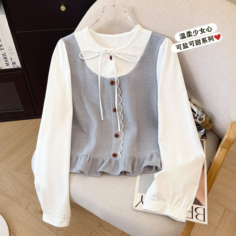 假两件拼接长袖系带衬衫女秋季2025新款设计感显瘦短款小个子上衣