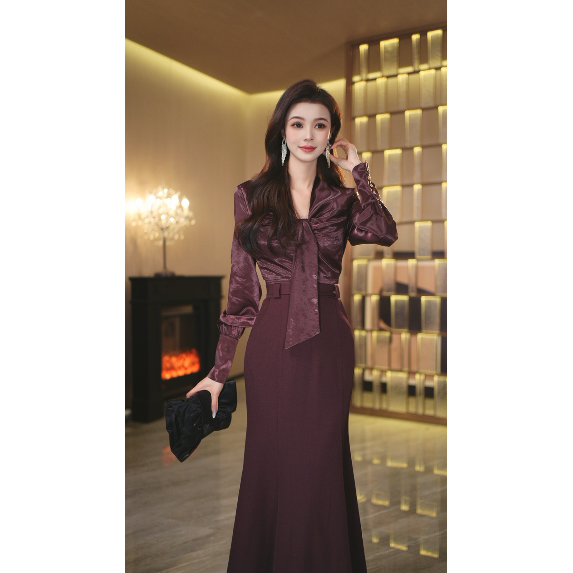 罗曼湾湾 优雅宫廷风压褶飘带领衬衫鱼尾长裙连衣裙