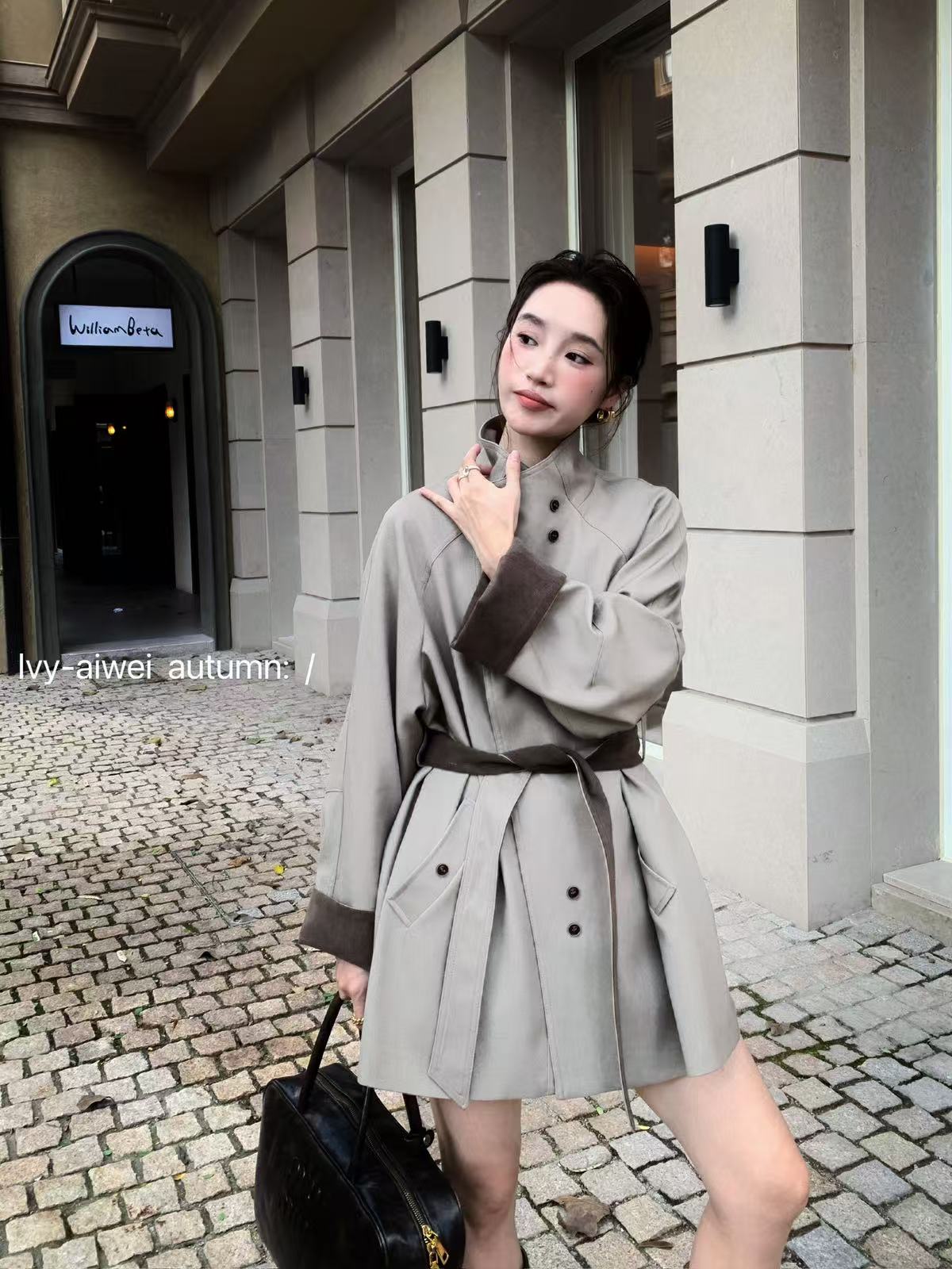 立领秋冬中长款插肩袖慵懒型风衣宽松型纯色外套气质百搭